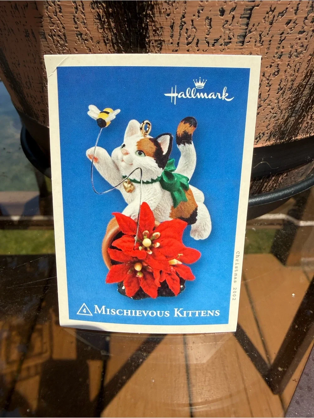 Hallmark White Cat Ornament with Red Poinsettia and Green Bow